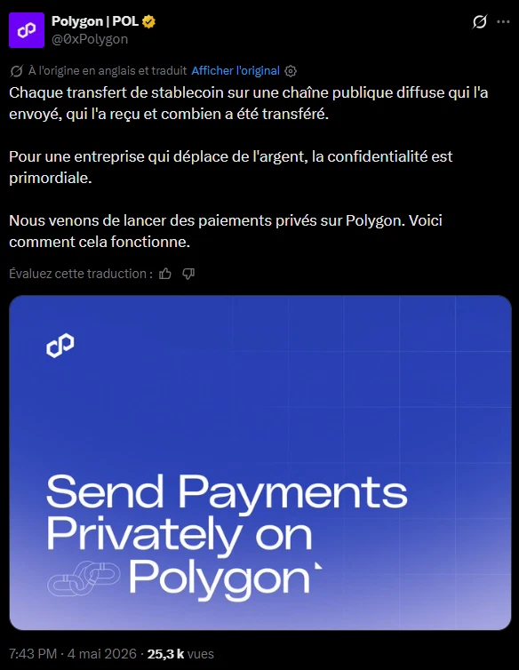 Polygon lance des paiements privés en stablecoins pour séduire les institutions image 1