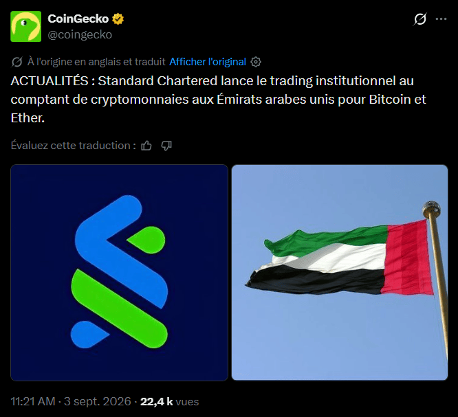 Crypto : Standard Chartered ouvre le trading de Bitcoin et Ethereum aux Émirats