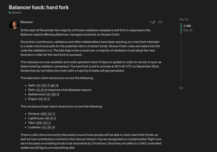 Gnosis Chain cảnh báo về hình phạt cho validator sau hard fork phục hồi vụ hack Balancer