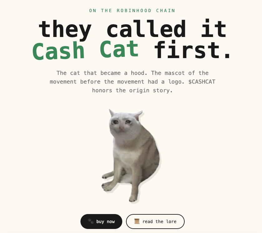 Robinhood 链第一个爆款竟是 Meme 猫：散户挖出 CashCat「曾用名」，CEO 下场玩梗