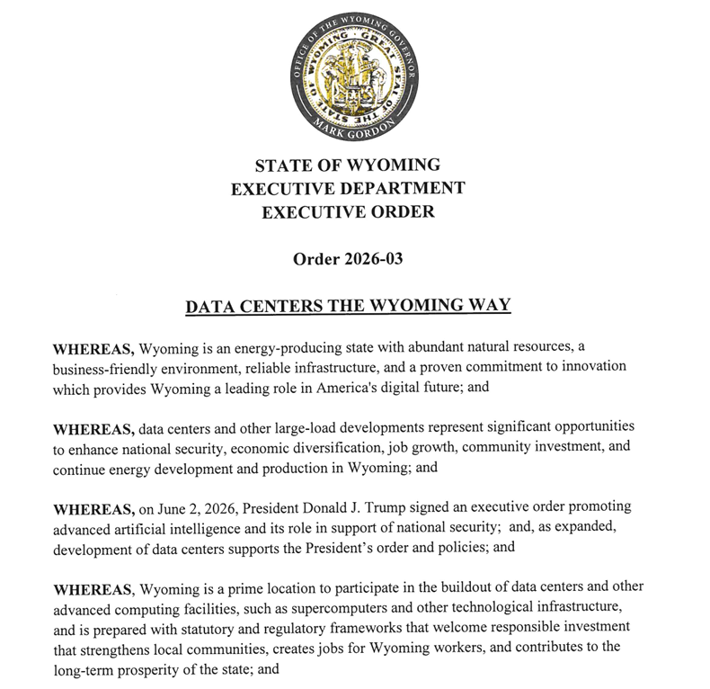 Wyoming executive order to guide AI data center development